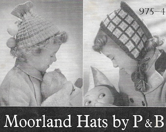 May include: A vintage knitting pattern booklet featuring four different styles of children's hats. The booklet is titled "Moorland Hats by P & B" and includes a pattern number "975-4d".