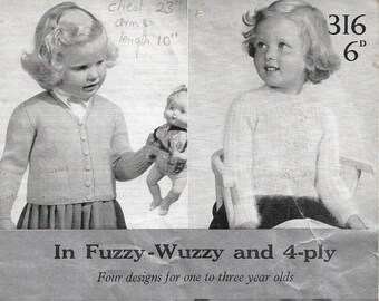 Vintage 1950s Fuzzy Wuzzy 4-Ply Knitting Instructions Sweaters in Four Designs from 1 to 3 year olds Complete Patterns - INSTANT DOWNLOAD