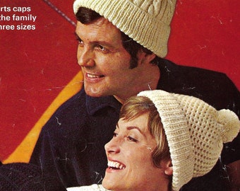 Vintage 1960s, Patons Capstan Family Sports Caps in 3 Sizes for Father, Mum and Junior. Knitting Pattern, INSTANT DOWNLOAD
