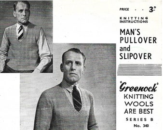 Vintage 1940s Man’s Pullover & Slipover Knitting Instructions Greenock Knitting Wools Series B No 340 - INSTANT DOWNLOAD