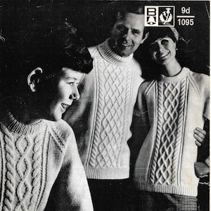 Vintage 1960s, Aran Cable Knit Family Sweaters for Men, Women & Children in sizes 26 to 44 in chest, Knitting Pattern, INSTANT DOWNLOAD