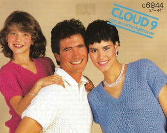 Vintage 1980s, Cloud 9 V Neck Cotton Tops for Men, Women & Children in sizes 24 to 44 in chest, Knitting Pattern, INSTANT DOWNLOAD
