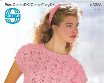 Vintage 1980s Pure Cotton or Terry Double Knit Cap Sleeve Sweater 30 - 40 ins One Page Knitting Pattern - INSTANT DOWNLOAD