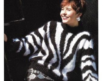 Vintage 1980s Mohair Zebra Stripe Sweater - Four Page Knitting Instruction Leaflet with Complete Pattern - INSTANT DOWNLOAD