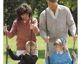 Vintage 1980s, Double Knit V and Crew Neck Cardigans for Men, Women & Children 26 to 44 in chest, Knitting Pattern, INSTANT DOWNLOAD