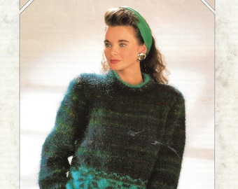 May include: A green and black mohair sweater with a teal and black pattern. The sweater has a crew neck and long sleeves. The model is wearing a green headband and gold earrings. The text "Sirdar Mohair c8827 30-40" is printed on the top of the image. The text "Brush Strokes" is printed at the bottom of the image.