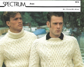 Vintage 1980s Men’s Aran Crew and Roll Neck Sweaters - Four Page Knitting Instruction Leaflet with Complete Pattern - INSTANT DOWNLOAD