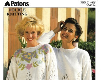 Vintage 1980s Knitting Pattern, Two Classic Sweaters in Plain and Multi-Colours 32 to 42 ins, INSTANT DOWNLOAD