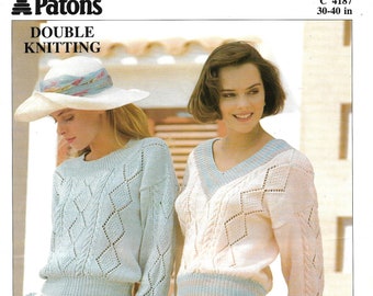 Vintage 1980s, Two Lace and Cable Double Knit Sweaters 30 to 40 ins Knitting Pattern, INSTANT DOWNLOAD