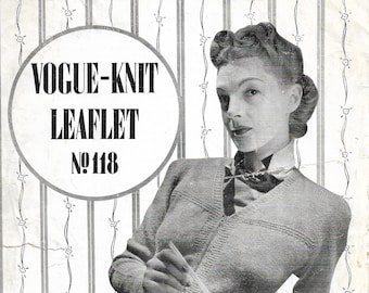 Vintage 1940s Vogue-Knit Leaflet No. 118 Zipped Cardigan & Three Colour Scarf Knitting Pattern - INSTANT DOWNLOAD