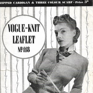 Wzór na sweter rozpinany i szalik w trzech kolorach z kolekcji Vintage 1940s Vogue-Knit Leaflet nr 118 — NATYCHMIASTOWE POBIERANIE