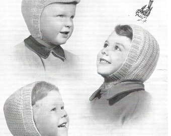 Vintage 1950s Robin Knitting Pattern Three Wool Hats for Boys 1-3 Years - Peaked Helmet, Moss Stitch Helmet & Balaclava - INSTANT DOWNLOAD