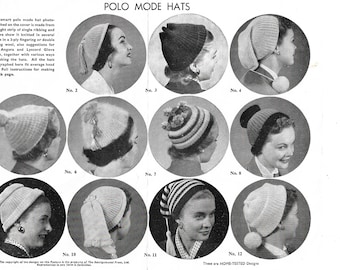 Vintage 1950s, Polo Mode Hats in Twelve Variations, Complete Knitting Pattern, INSTANT DOWNLOAD.