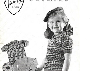 Vintage 1950s Knitting Pattern For A Girls’ Fair Isle Set including Cardigan, Jumper & Beret Four to Six Years - INSTANT DOWNLOAD