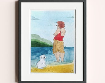 Original watercolor illustration bather and her dog, 21 x 28 cm