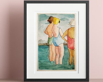 Les baigneuses, aquarelle originale et unique, 26 x 18 cm