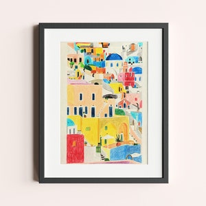 Santorini, Druck 30 x 40 cm, Original mit Buntstiften, 24 x 32, oder Schwarzweiß 24 x 32 cm