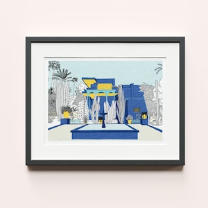 Poster digitale Illustration Jardin Majorelle in Marrakesch-Farben oder Schwarzweiß