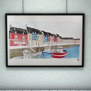 Ilustração do pôster Port de Paimpol Bretanha França preto e branco ou aquarela, 30 x 40 cm