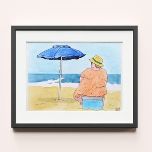 Bather and parasol, original watercolor painting 21 x 30 cm