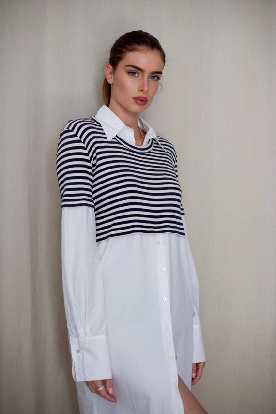 Women's White Striped Shirt Dress, Long Sleeve Max