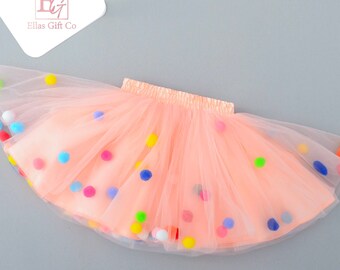 Tutu,skirt,pompom netting skirt,party outfit,baby tutu,pom pom tutu,pink party skirt