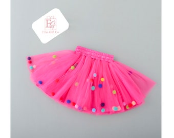 Tutu,skirt,pompom netting skirt,party outfit,baby tutu,pom pom tutu,pink party skirt