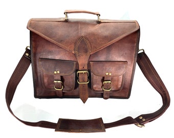 ROOGU "Brown Peter" Men's Shoulder Bag Cowhide Leather Laptop 15.7'' Files Vintage Handmade India