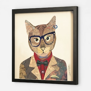 3D Collage Wandbild  Business-Katze mit Brille, Anzug, Fliege 61x61cm Glas & Holzrahmen – Handarbeit Vintage Look – Deko Büro Zuhause