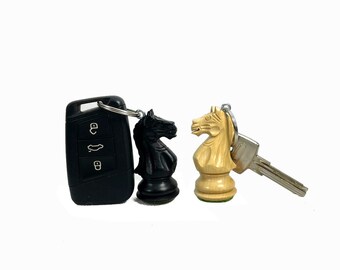 2x ROOGU porte-clés véritable figurine d'échecs buis bois chevalier cheval Inde