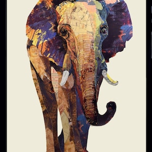Wandbild Gerahmt 3D Collage Kunst Art Handgefertigt 96x71cm Afrika Indien Elefant Wild