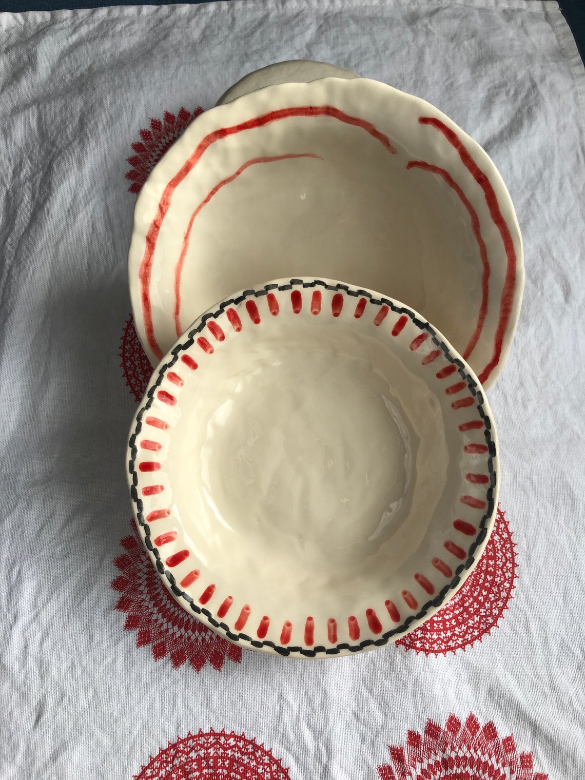Set of 2 cereal bowls handmade and hand painted ceramic white Etsy
