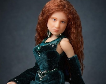Art Doll Custom BJD, Collectible Doll MSD 1/4 Scale, Handmade OOAK Ball Jointed Doll with Red Hair, Emerald Velvet Gown Articulated Doll