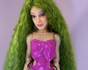 Fantasy BJD Art Doll: OOAK, Green Hair,  Posable Handmade 3D Printed doll, pink leotard