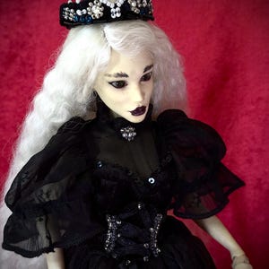 Gothic BJD Doll 1/4 Scale – Handmade Art Doll in Black Dress with Crown, OOAK Collectible Fantasy Figurine
