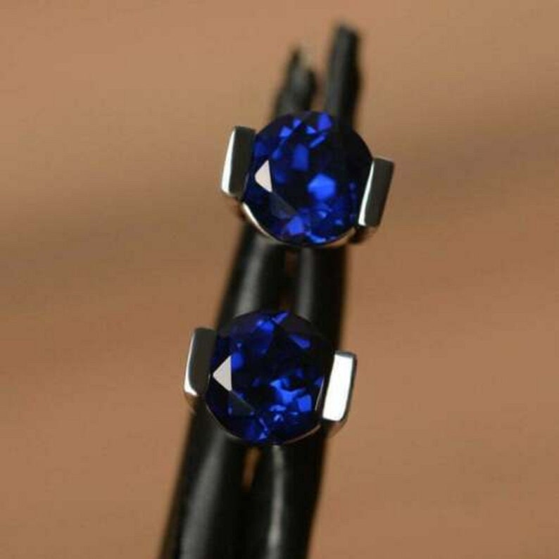 4Ct Round Blue Synthetic Sapphire Push Back Solitaire Stud Earrings Solid Silver 18K White Gold Finish