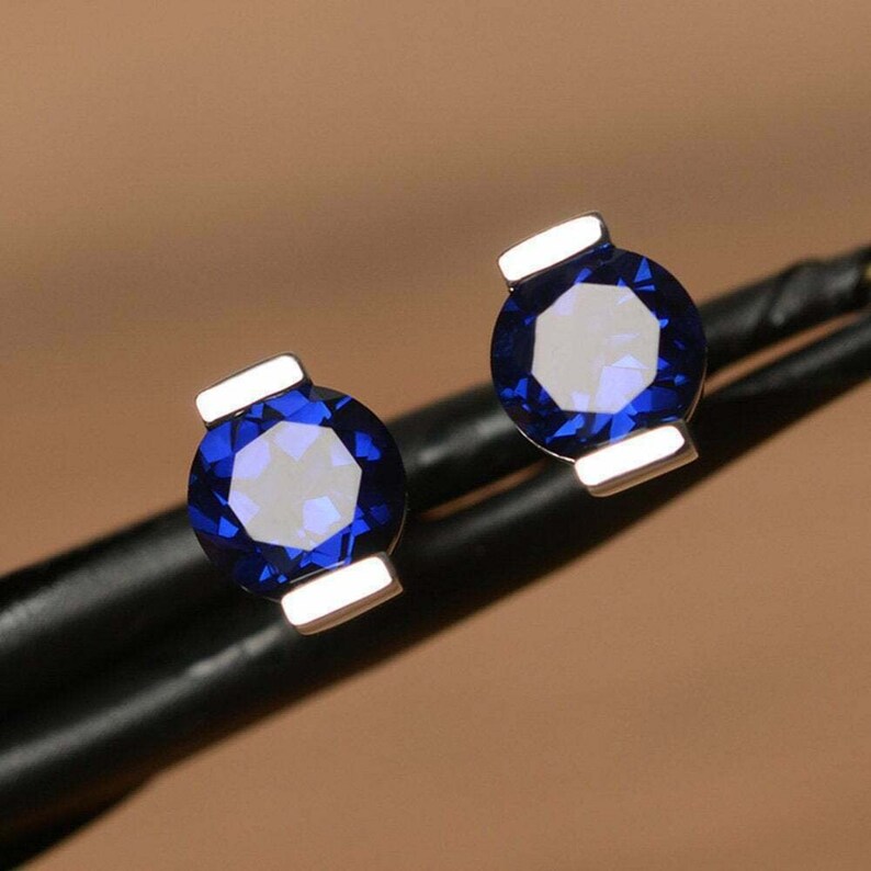4Ct Round Blue Synthetic Sapphire Push Back Solitaire Stud Earrings Solid Silver 18K White Gold Finish