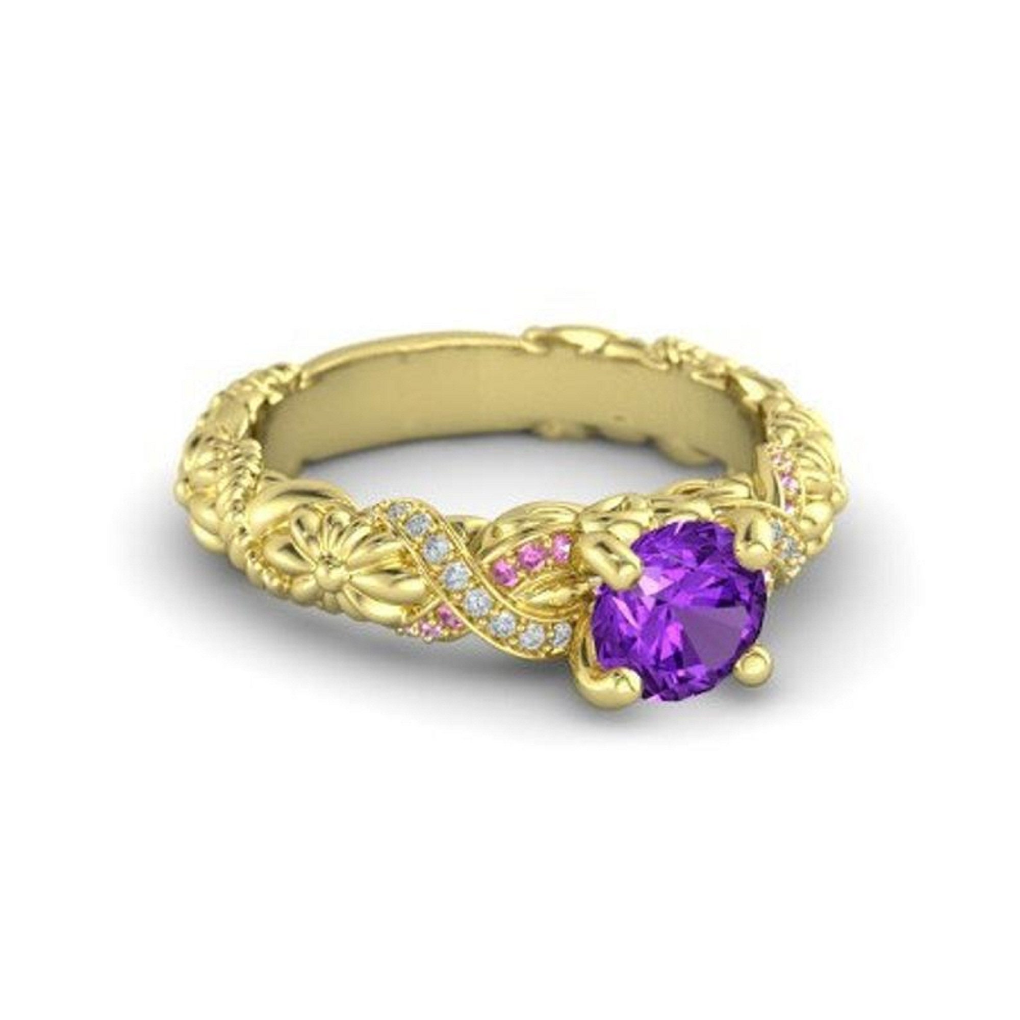 Round Cut Multi-Stone 14K Yellow Gold Plated Rapunzel Disney Princess Ring Round Cut Multi-Stone 14K Yellow Gold Plated Rapunzel Disney Princess Ring