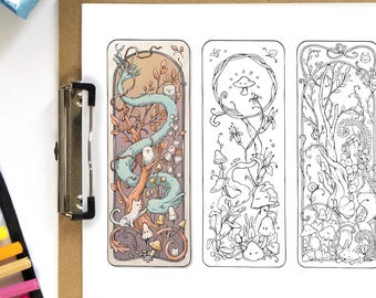 Printable Coloring Bookmarks - "Mushroom Forest" Set of 4 Digital Bookmarks
