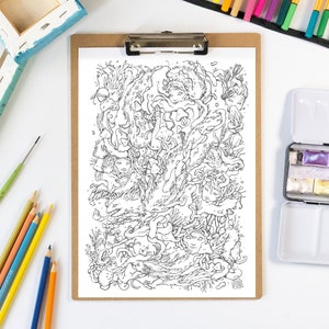 May include: A black and white line drawing of a complex, intricate design featuring a variety of organic shapes and forms. The design is reminiscent of a sea creature or a plant with many tendrils and appendages. It is suitable for coloring with markers, colored pencils, or watercolors.