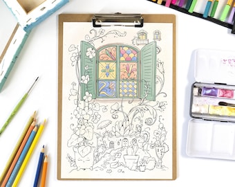 Página para colorear de una ventana al jardín: Arte floral imprimible (PNG, JPG)