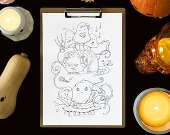 Halloween Printable Adult Coloring Page "Singing Mushrooms" Coloring for adults