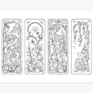 May include: Four black and white illustrated bookmarks with whimsical forest scenes. Each bookmark features detailed drawings of mushrooms, flowers, cats, and other woodland elements within a rectangular frame. The artwork is intricate and nature-themed.