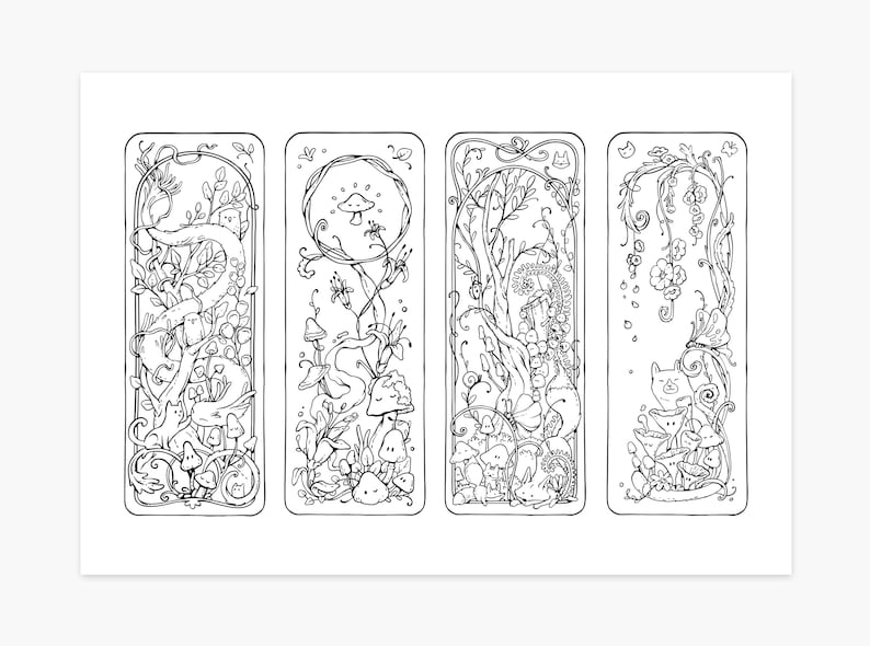 May include: Four black and white illustrated bookmarks with whimsical forest scenes. Each bookmark features detailed drawings of mushrooms, flowers, cats, and other woodland elements within a rectangular frame. The artwork is intricate and nature-themed.