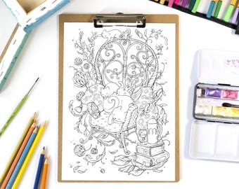 Página para colorear "Leyendo en el jardín": Arte floral imprimible (PNG, JPG)