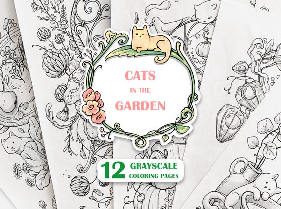 Cats in Garden Grayscale Coloring Pages Bundle – 12 Pages for Adults Digital Download