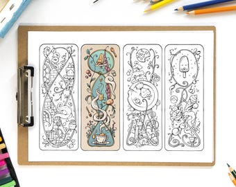 Printable Coloring Bookmarks - "Tea Time" Set of 4 Digital Bookmarks