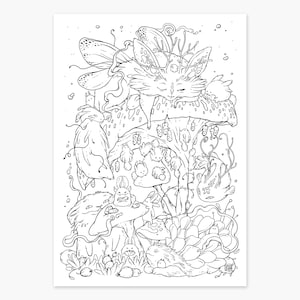 Peut inclure: Illustration en noir et blanc d'une sc&egrave;ne fantastique. Une cr&eacute;ature f&eacute;line avec des ailes de papillon repose sur un champignon, entour&eacute;e d'autres cr&eacute;atures et plantes fantastiques. L'&oelig;uvre est d&eacute;taill&eacute;e et complexe.