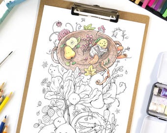 Página para colorear para adultos: Cosecha de otoño en el jardín: Arte floral imprimible (PNG, JPG)