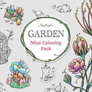 Puede incluir: Un conjunto de ilustraciones digitales titulado GARDEN Mini Coloring Pack que presenta dibujos de líneas y dibujos coloreados de una jaula con setas, una rana sobre una roca, una casa con mariquitas, un comedero para pájaros y flores coloridas.